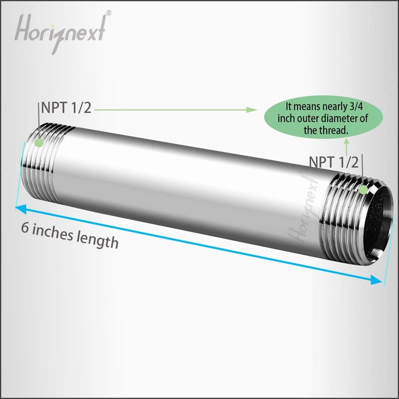 Horiznext stainless steel 304 pipe nipple npt 1/2 male threaded cast fitting, 6 inches length tube sleeve extension connector, schedule 40 conduit hose adapter - Image 2